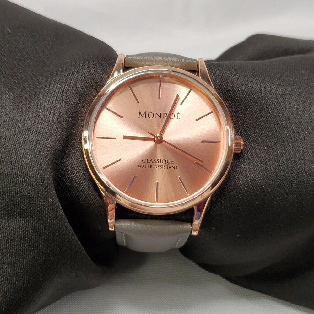 Monroe By Maestro Womans Rose Gold Color Watch With Grey Genuine Leather Strap - Picture 3 of 8